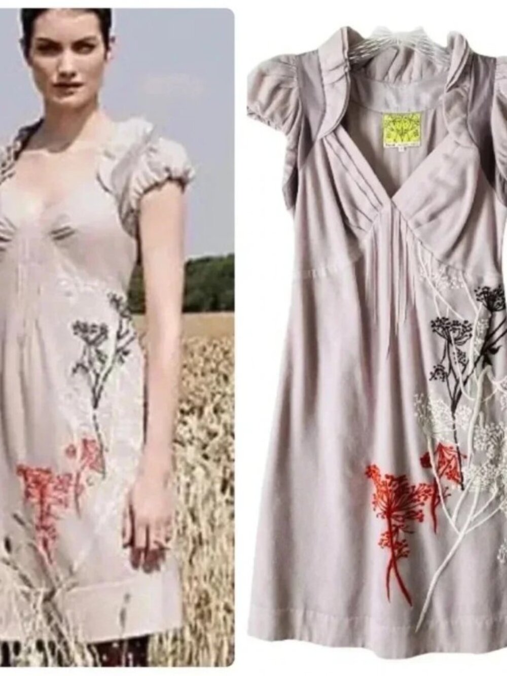 ANTHROPOLOGIE FLOREAT | Fruit Moon Embroidered Gray Wool/Silk Blend Dress Size 2